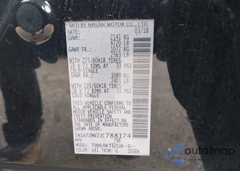 2018 Nissan Rogue Sl from USA, damaged, VIN 5N1AT2MV2JC788174